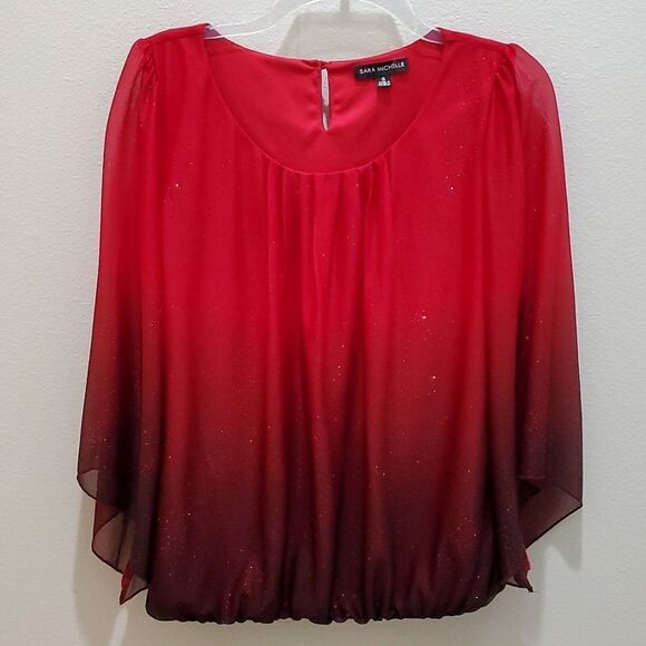 SARA MICHELLE BLOUSE, Sz S, RED SPARKLING, 3/4 SLEEVE, SCOOP NECK, POLYESTER - Picture 6 of 14